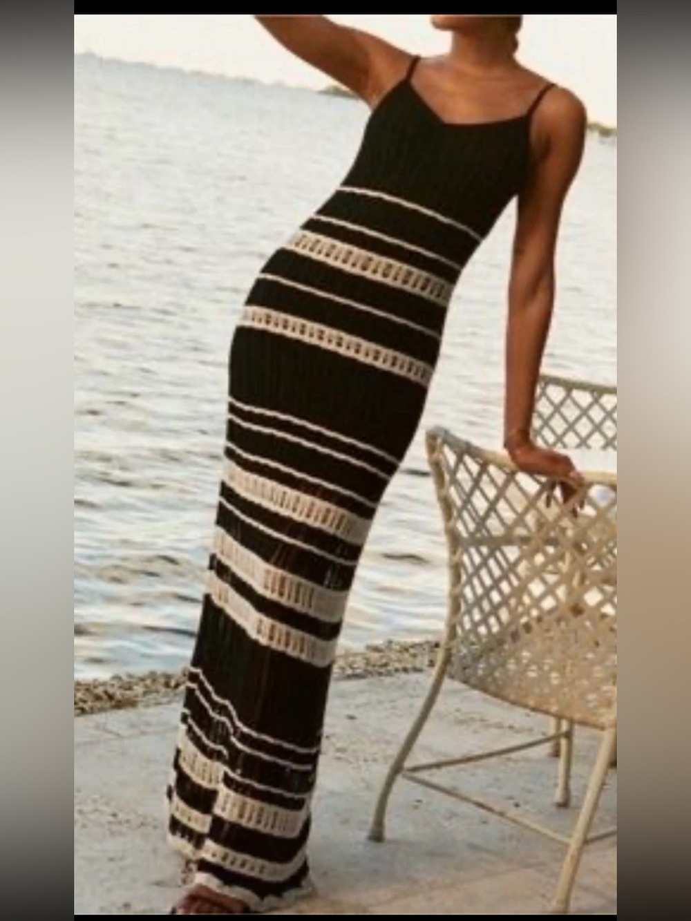 Abercrombie & Fitch Y2K SZ.M crochet-striped maxi dress black and cream NWT